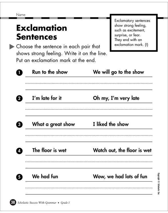 Exclamation Sentences Printable Skills Sheets