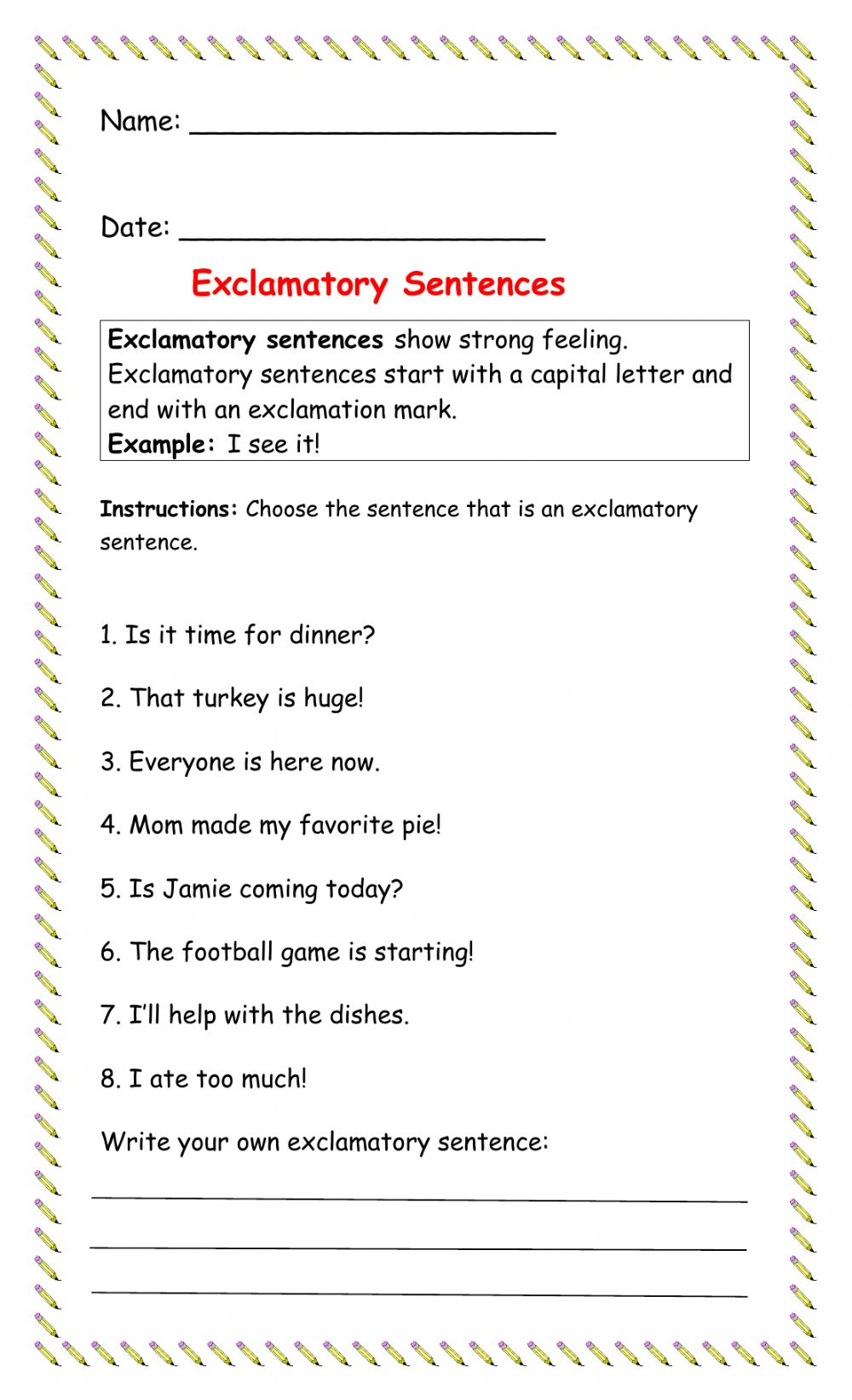 Exclamatory Sentence Worksheet