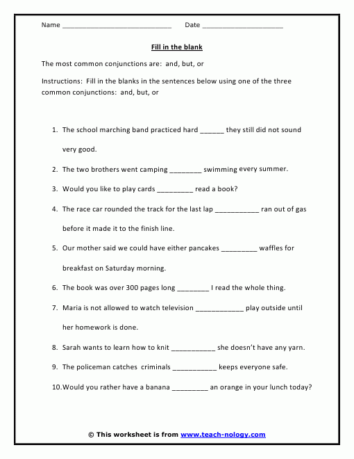 Fill In The Blank With A Conjunction Conjunctions Worksheet Sentence 