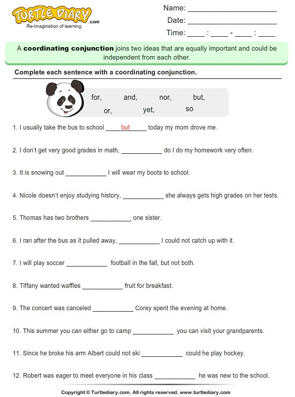 Fill In The Blank With Coordinating Conjunction Worksheet 