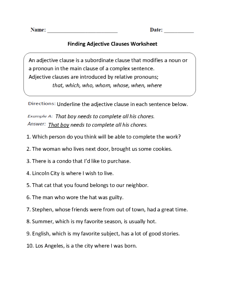 Finding Adjective Clauses Worksheet Adjectives Adjective Worksheet 