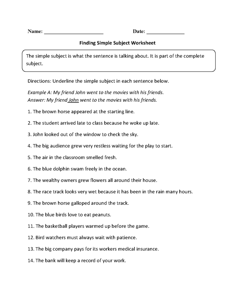 Finding Simple Subject Worksheet Subject And Predicate Subject And 