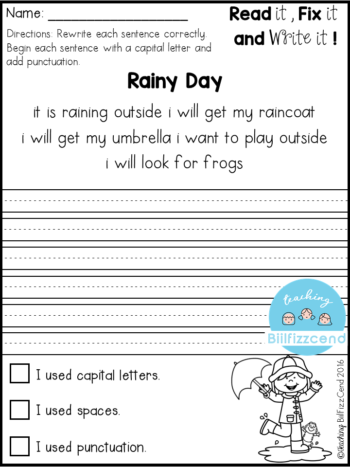 Fix It Up Sentences March First Grade Writing Kindergarten Writing 