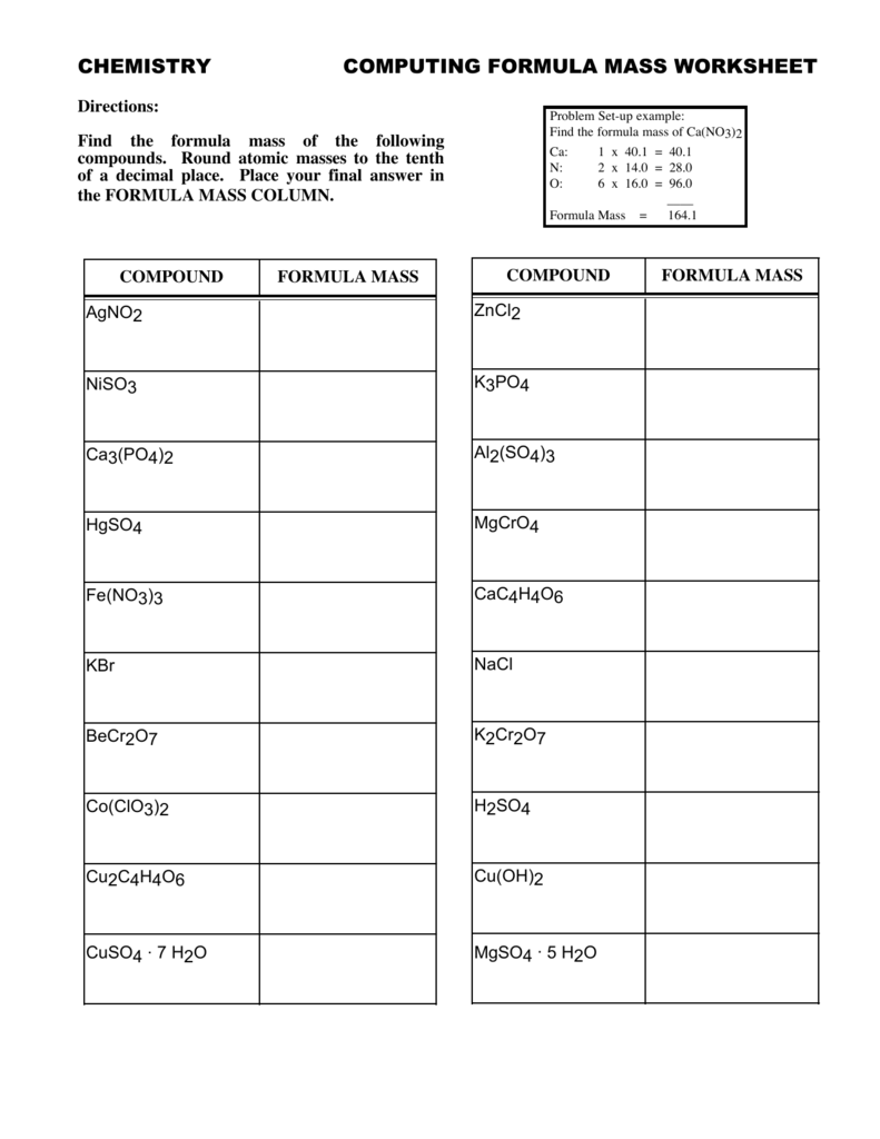 Formula Mass Worksheets