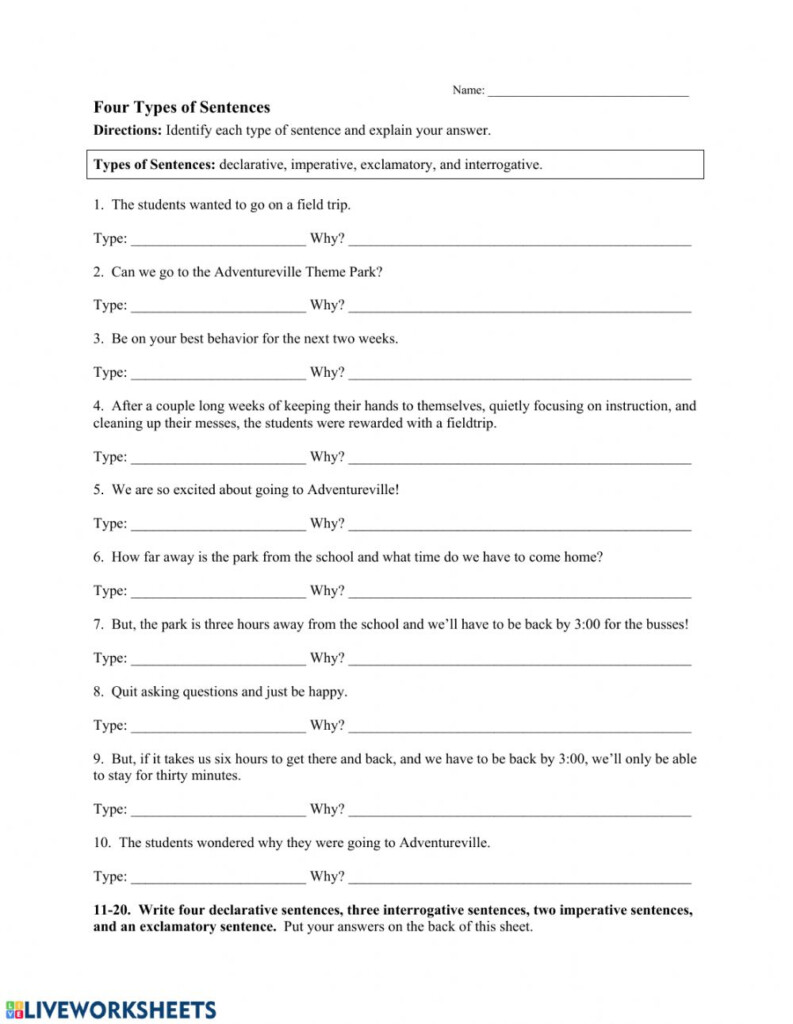 Four Types Of Sentences Worksheet