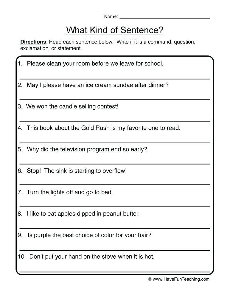 Four Types Of Sentences Worksheet Type Of Sentences Worksheets 
