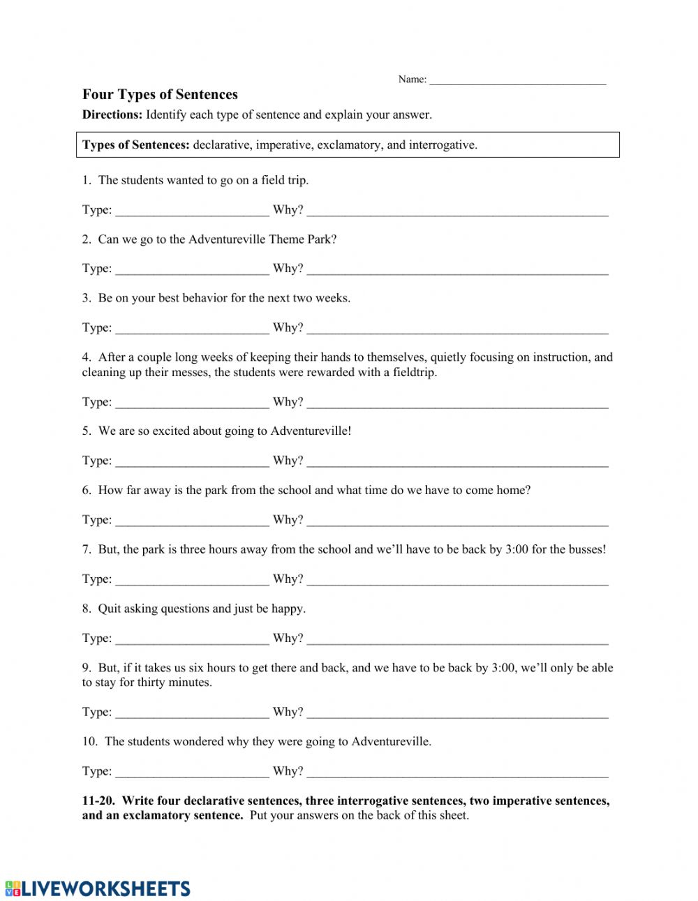 Four Types Of Sentences Worksheet