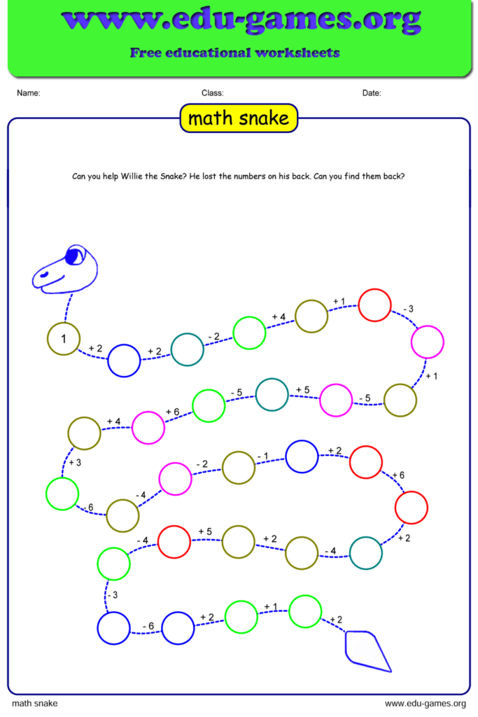 Free Math Snake Puzzle The Site For Free Printable Worksheets