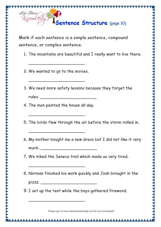 Grade 3 Grammar Topic 36 Sentence Structure Worksheets Complex 