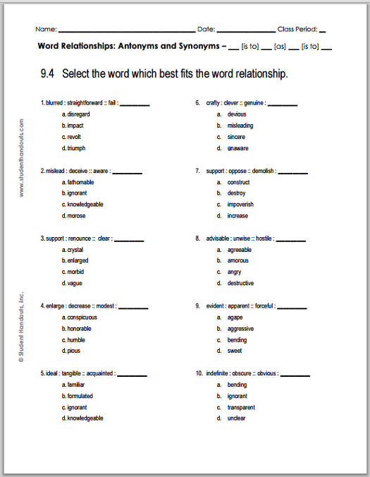 Grade 9 Verbal Reasoning Worksheet 4 Free To Print PDF File 