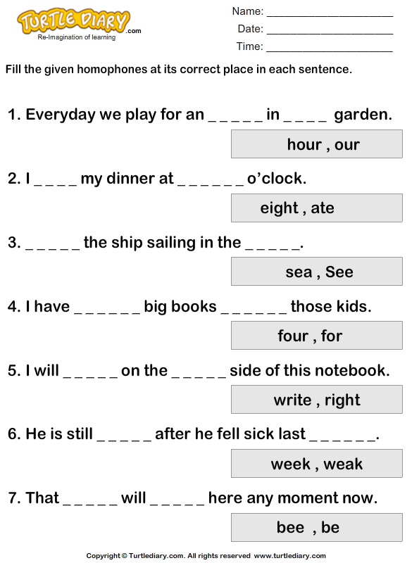 Homophone Complete The Sentence Worksheet Turtle Diary