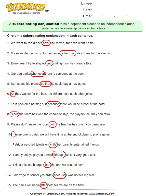 Identify The Subordinating Conjunction In The Sentence Worksheet 