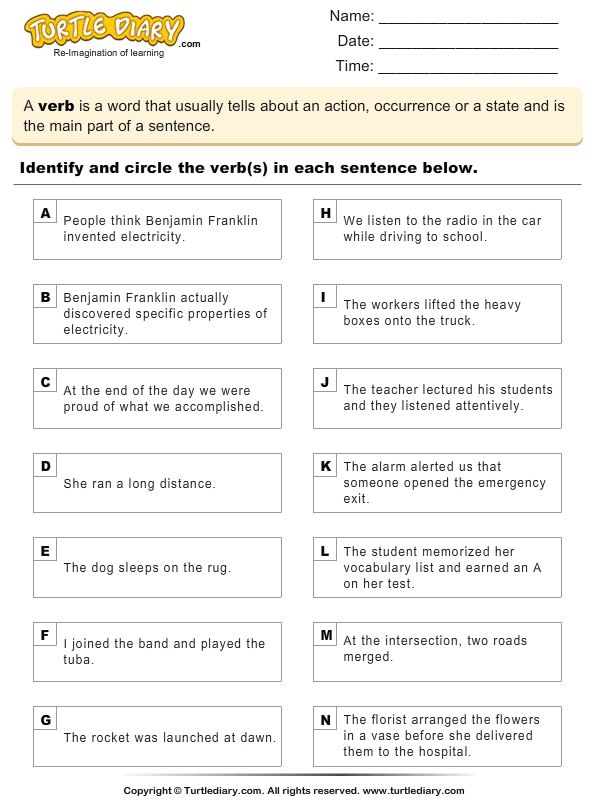 Identifying Verbs Worksheet Turtle Diary