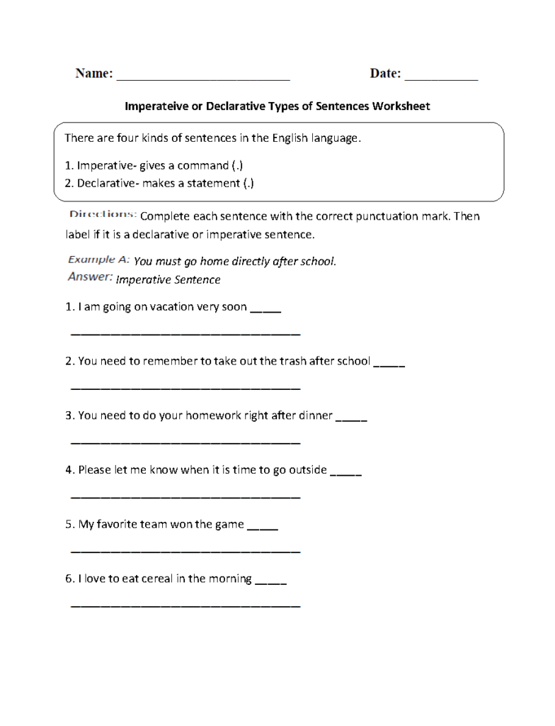 Imperative Or Declarative Types Of Sentences Worksheet Types Of 