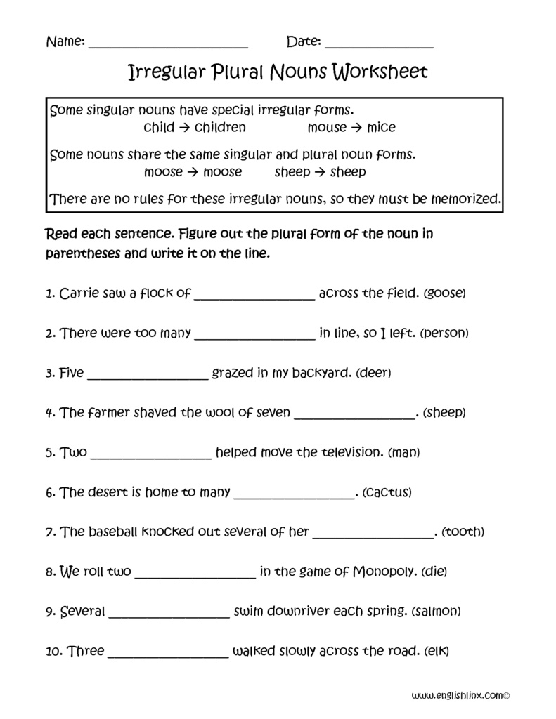 Irregular Plural Nouns Worksheets Nouns Worksheet Plural Nouns 