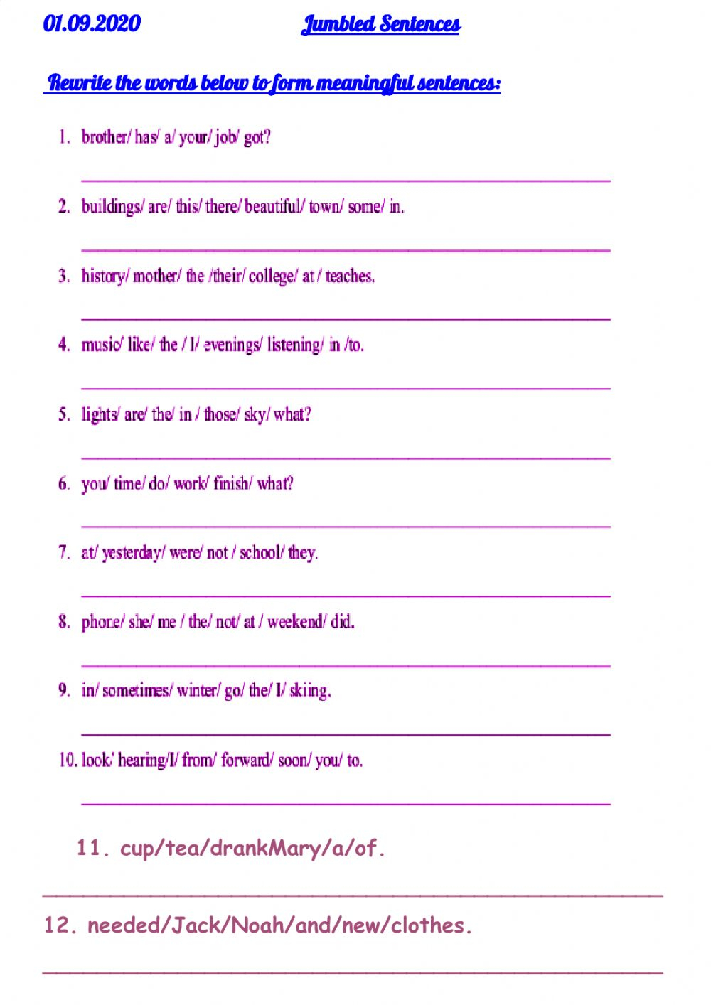 Jumbled Sentences Online Worksheet