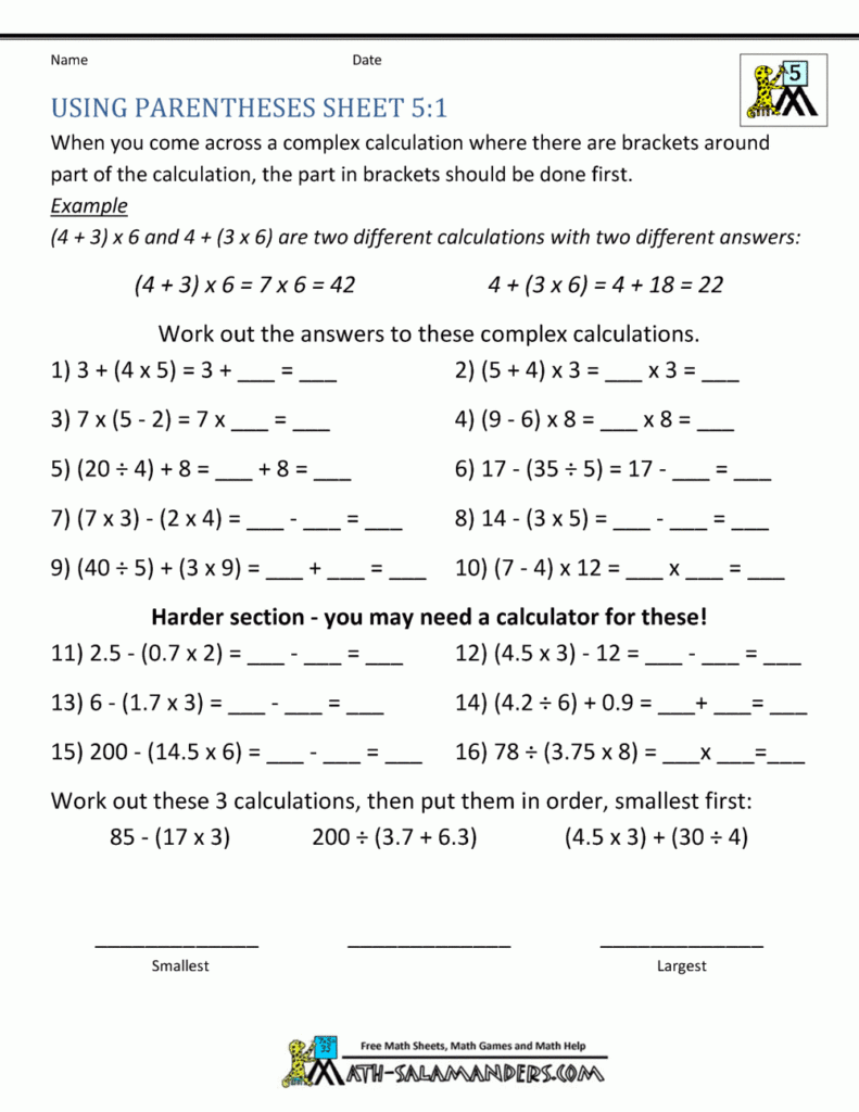 Math Worksheets 5th Grade Exponents And Parentheses