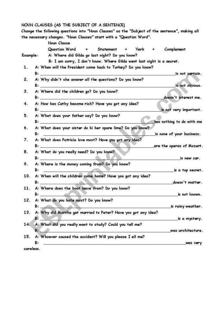 Noun Clause Worksheet Nouns Grammar Worksheets Types Of Sentences 