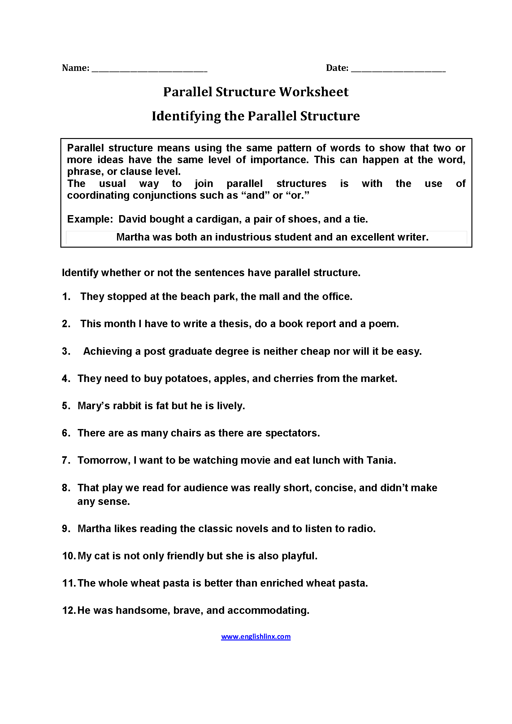 Parallel Structure Worksheets Identifying Parallel Structure Worksheets