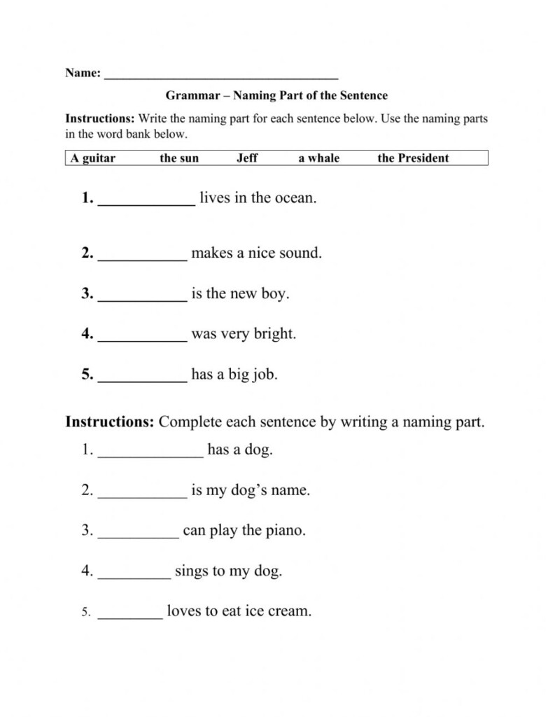 Parts Of A Sentence Interactive Worksheet