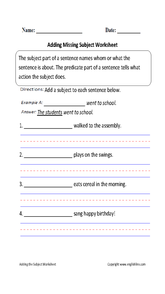 Parts Of A Sentence Worksheets Subject And Predicate Worksheets