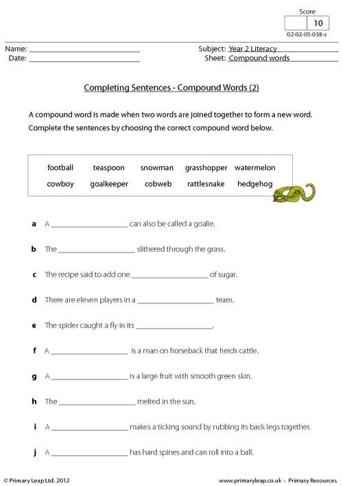 PrimaryLeap co uk Completing Sentences Compound Words 2 Worksheet