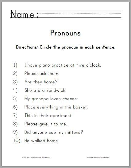 Printable Pronouns Worksheets Pronoun Worksheets For 4th Grade To Print 