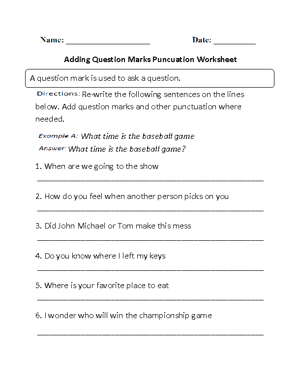 Punctuation Worksheets Adding Question Marks Worksheet