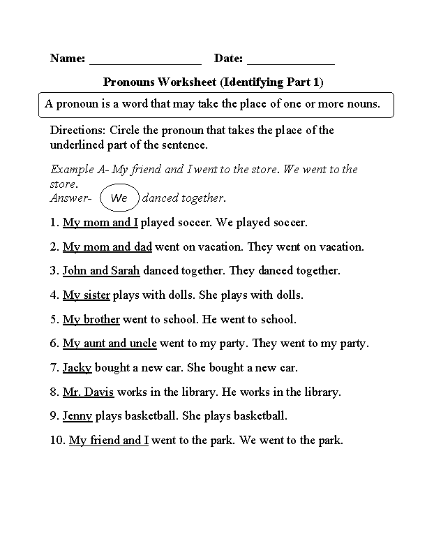 Regular Pronouns Worksheets Identifying Pronouns Worksheet