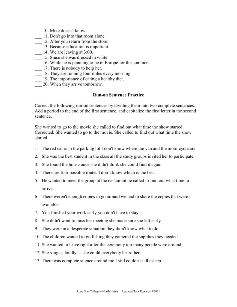 Run On Sentence Worksheet Answers Grade 5 Sentences Worksheets K5 