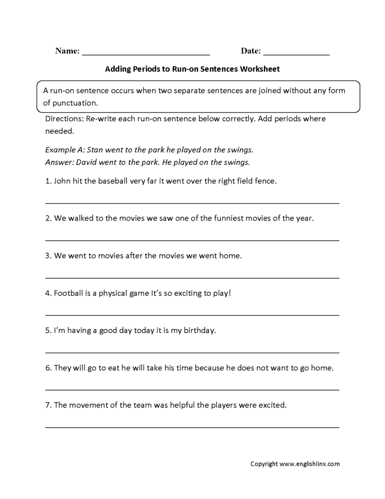 Run On Sentences Worksheets Adding Periods To Run On Sentences Worksheets