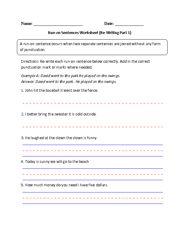 Run On Sentences Worksheets Re Writing Run On Sentences Worksheet Part 1