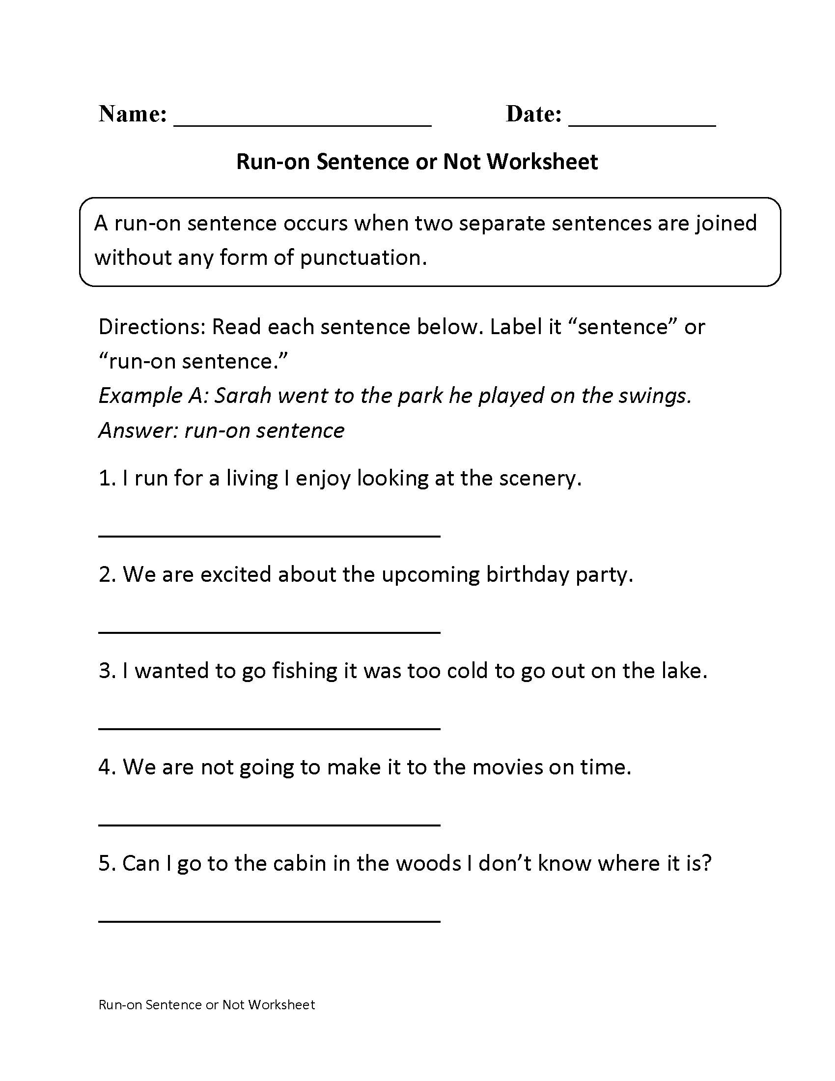 Run On Sentences Worksheets Run On Sentence Or Not Worksheet