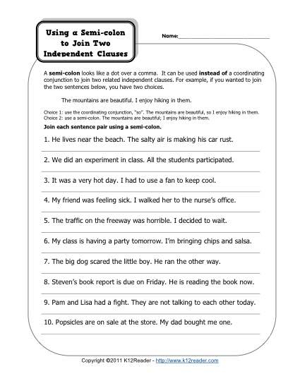 Semi Colons And Independent Clauses Free Printable Punctuation