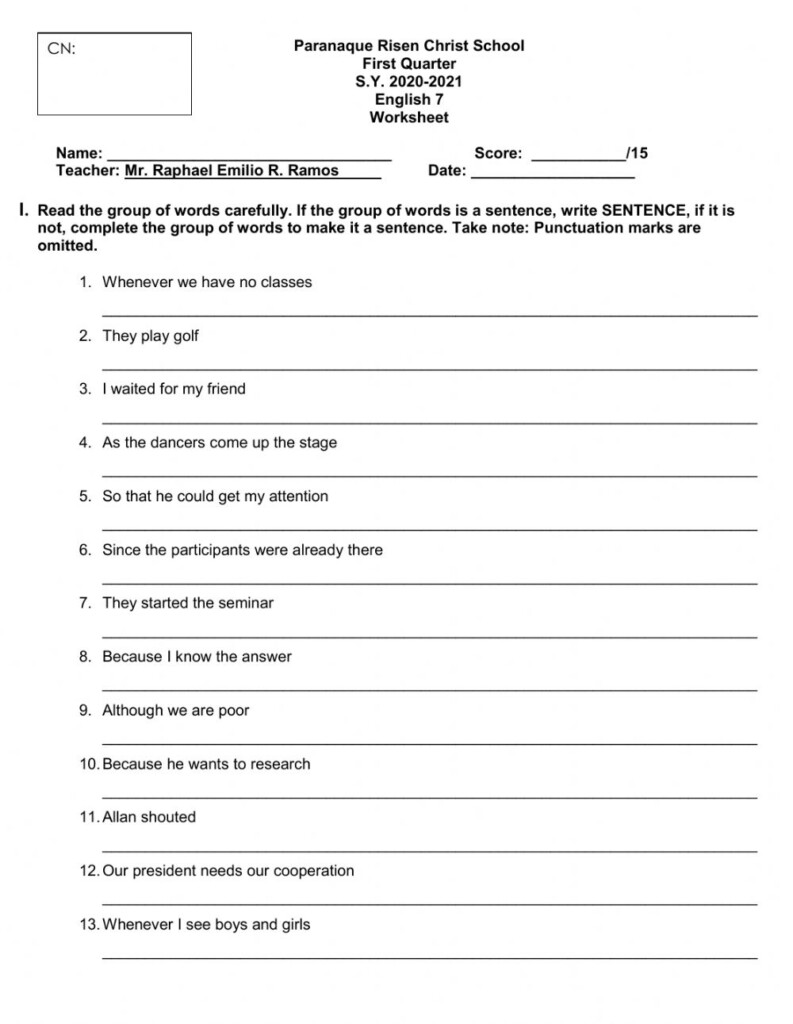 Sentence And Fragment Activity