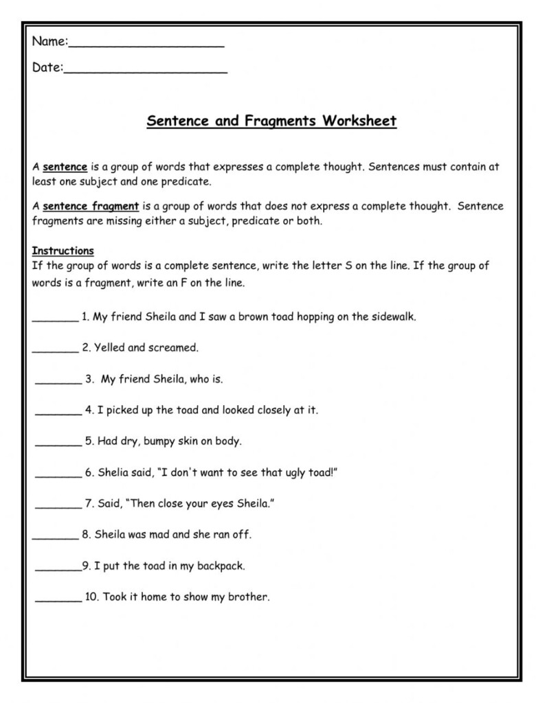 Sentence And Fragments Below Worksheet