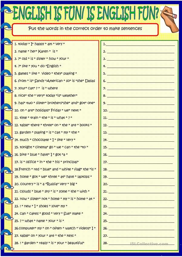 Sentence Building For Young Learners With KEY English ESL Worksheets 