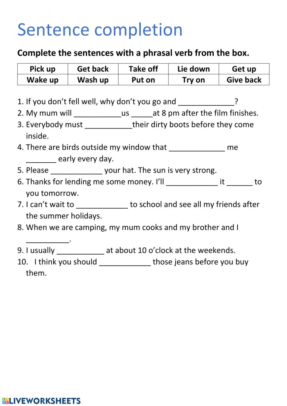 Sentence Completion P3 Interactive Worksheet