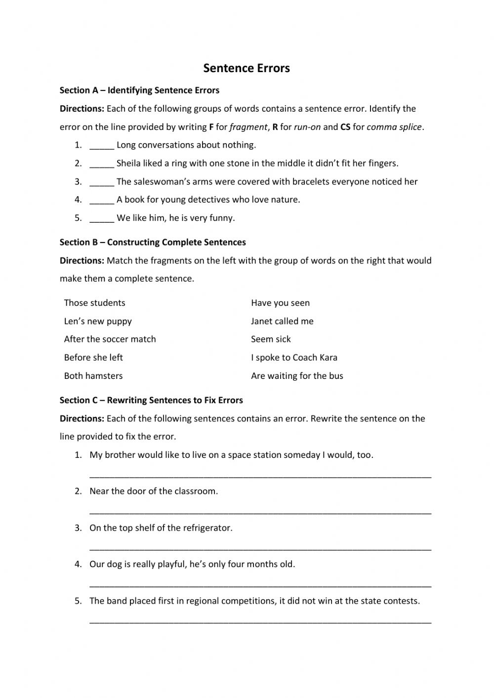 Sentence Errors Interactive Worksheet