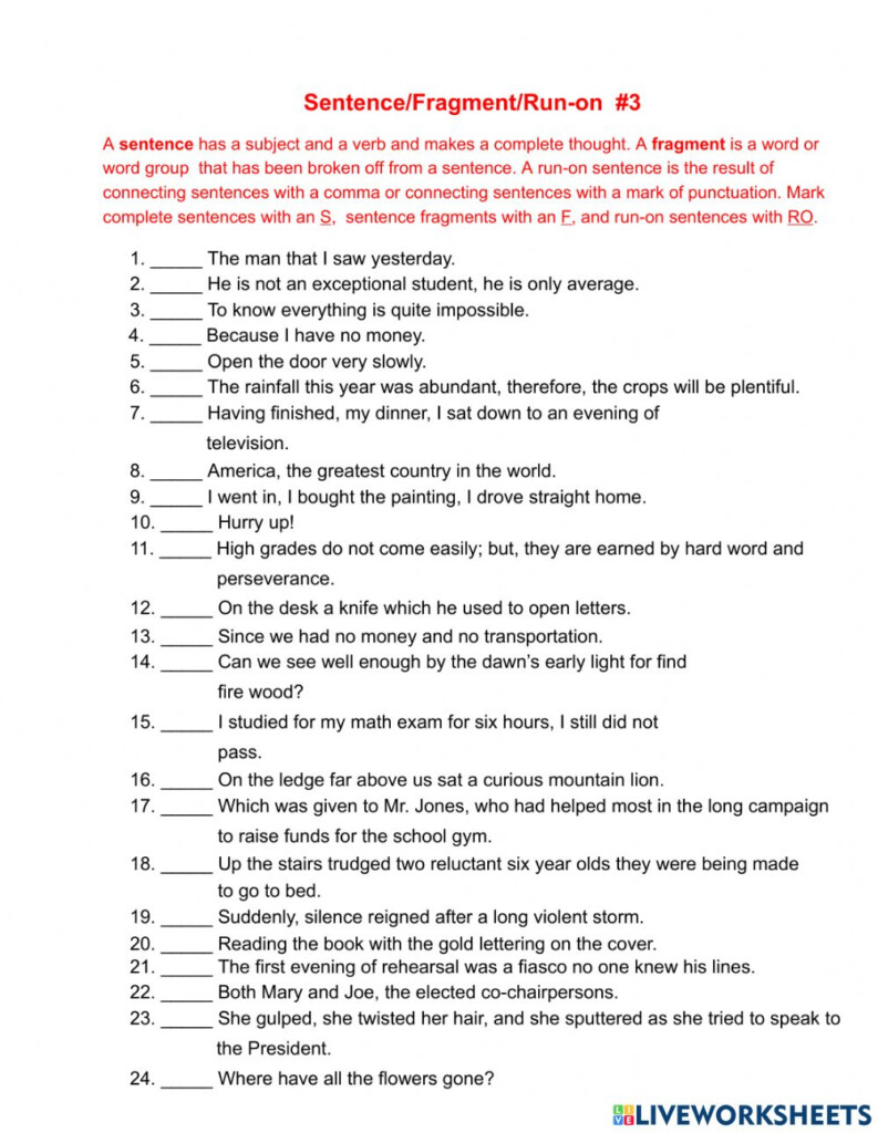 Sentence Fragments 3 Interactive Worksheet