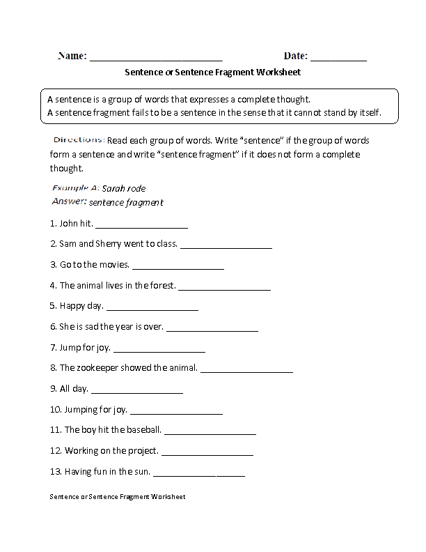 Sentence Or Sentence Fragment Worksheet Sentence Fragment Sentence