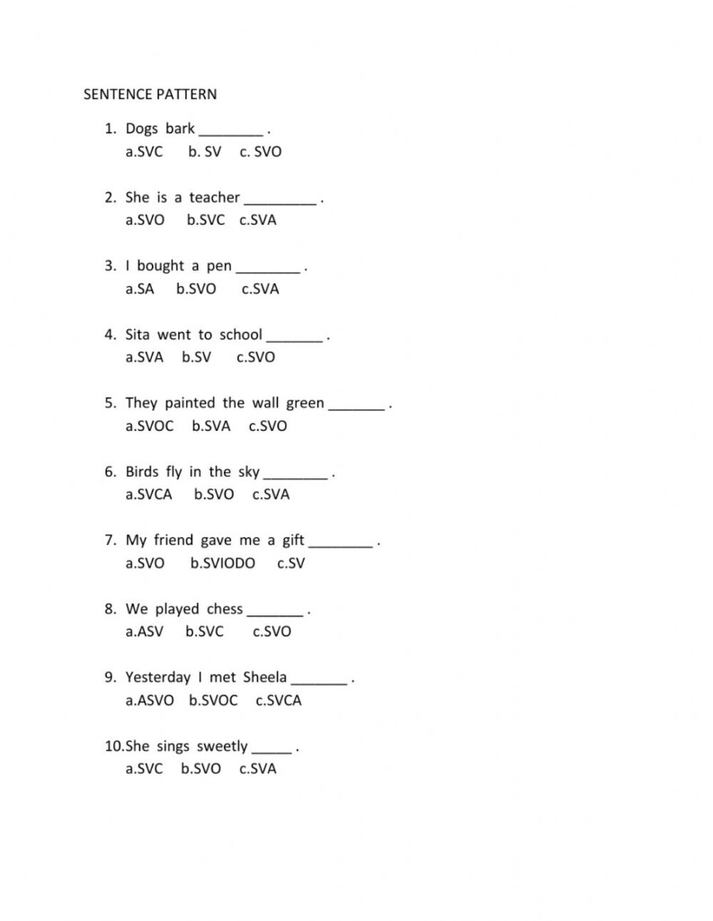 Sentence Pattern Worksheet