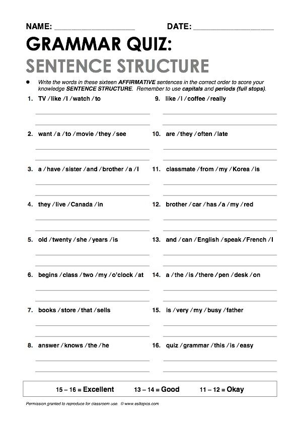  Sentence Structure Grammar Quiz Grammar Quiz Sentence Structure 