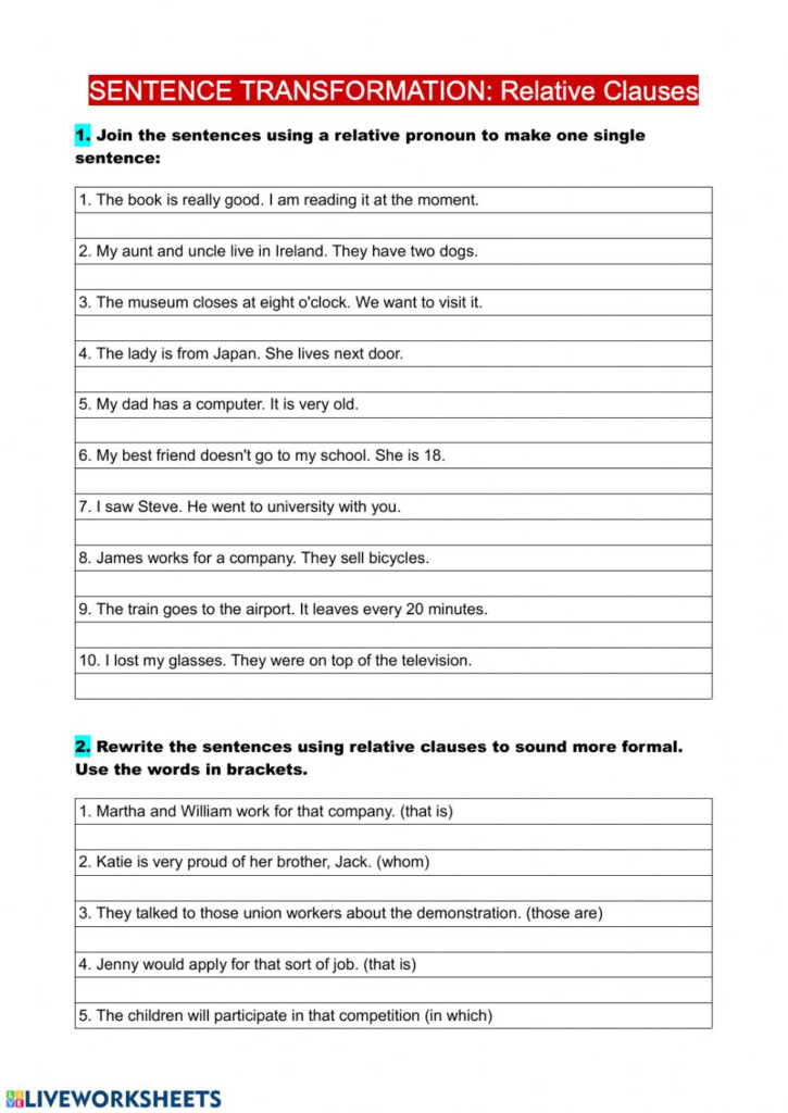 Sentence Transformation Relative Clauses Worksheet