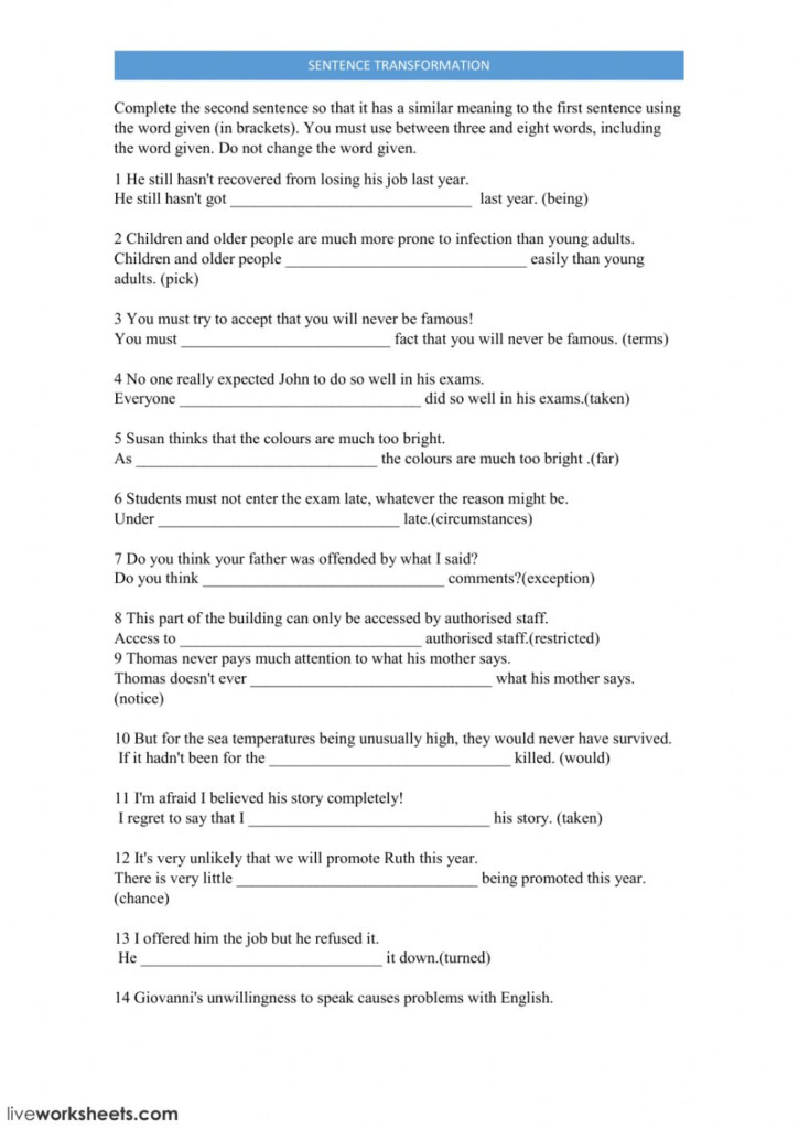 Sentence Transformation Worksheet