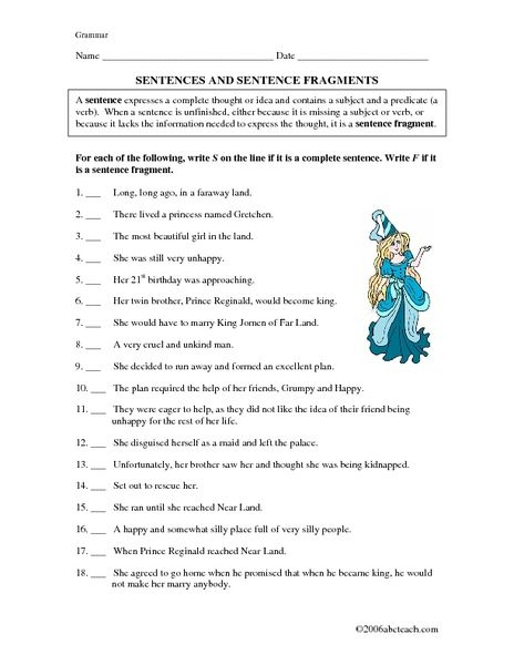 Sentences And Sentence Fragments 5th 7th Grade Worksheet Sentence 