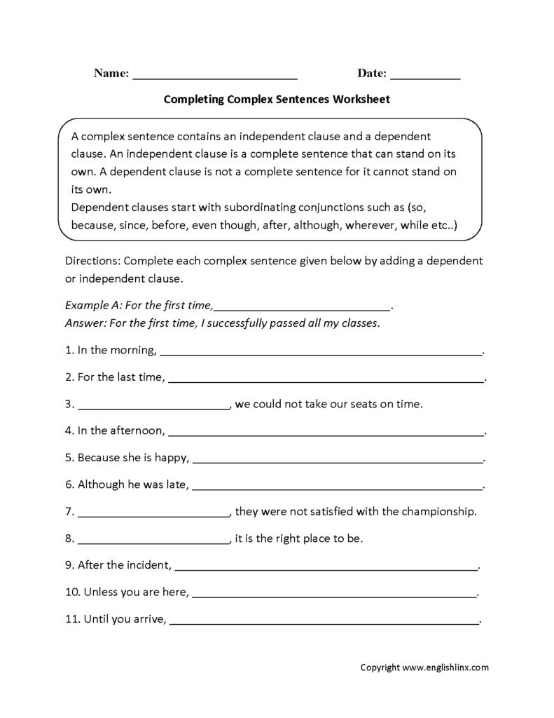 Sentences Worksheets Complex Sentences Worksheets Complex Sentences 