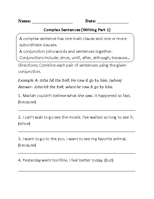 Sentences Worksheets Complex Sentences Worksheets Complex Sentences