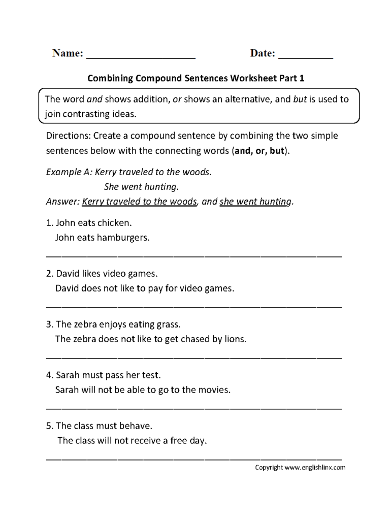 Sentences Worksheets Compound Sentences Worksheets