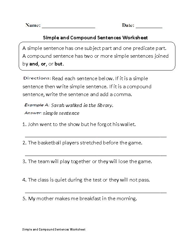 Sentences Worksheets Compound Sentences Worksheets Simple And 